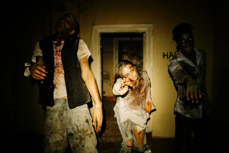 Person playing VR zombie horror game with virtual reality headset