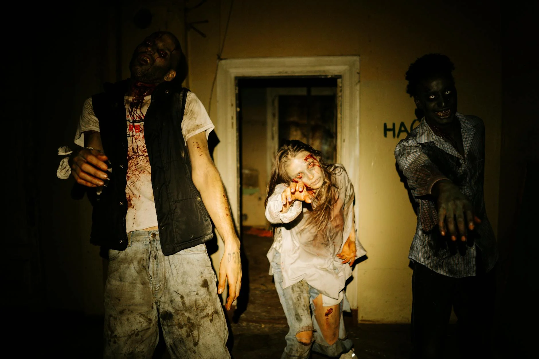 Person playing VR zombie horror game with virtual reality headset